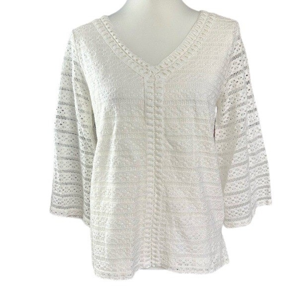 Rafaella Eyelet Lace Crochet Trim V-Neck Top White Women Medium
